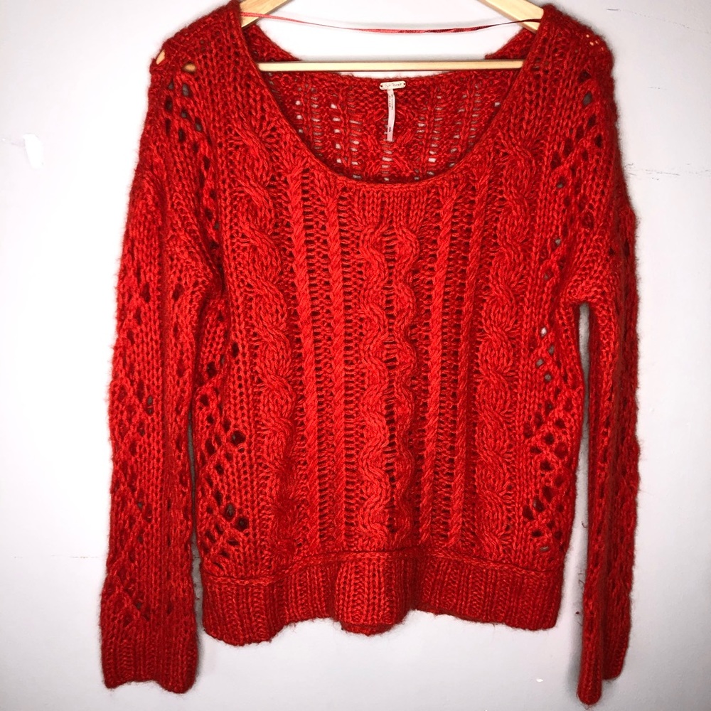 Free People Red-Orange Cable Knit Sweater S